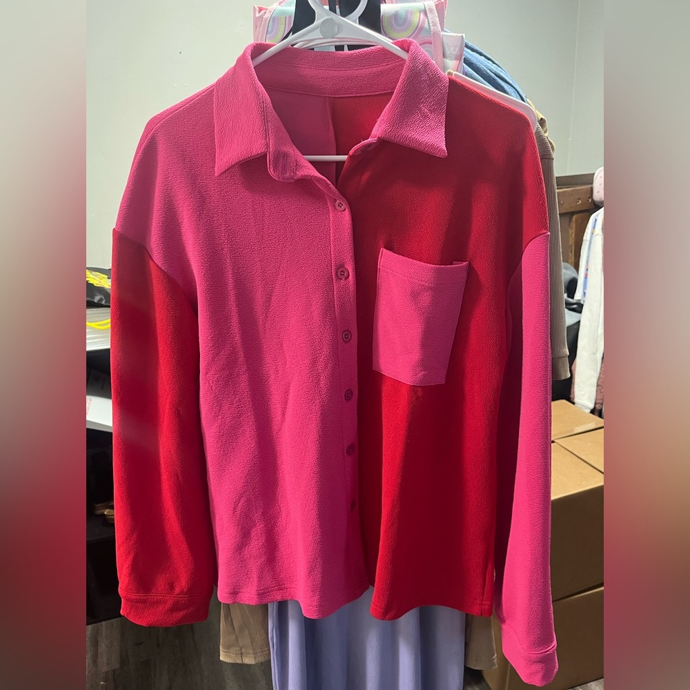 Pink and Red Button-Up Shirt